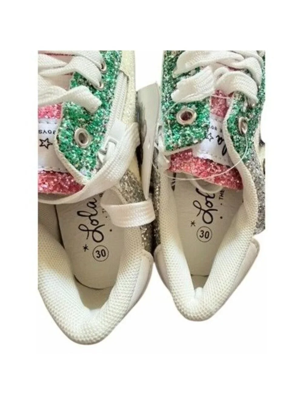 Lola and The Boys Star Silver Glitter Sneakers Size 12C With Green & Pink Accent